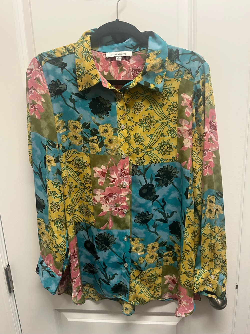 ROSE + OLIVE Floral Patchwork Button Down Shirt Pink Blue Yellow Cottagecore L